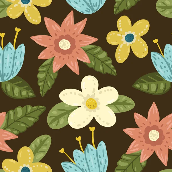 Inconsútil botánico dibujar a mano patrón de colores con flores grandes — Vector de stock