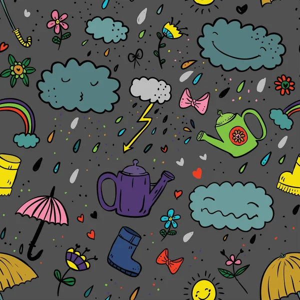 Seamless cute hand-draw cartoon style color pattern with umbrella, zipper, cloud, rubber boot, drop, bow, watering can, rainbow, flower, heart, sun drawing on gray background. — Stock Vector