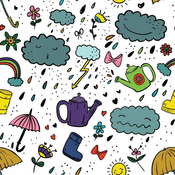 Seamless cute hand-draw cartoon style color pattern with umbrella, zipper, cloud, rubber boot, drop, bow, watering can, rainbow, flower, heart, sun — Stock Vector