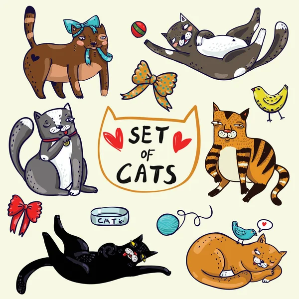 Set de seis lindos gatos dibujar a mano en estilo de dibujos animados — Vector de stock