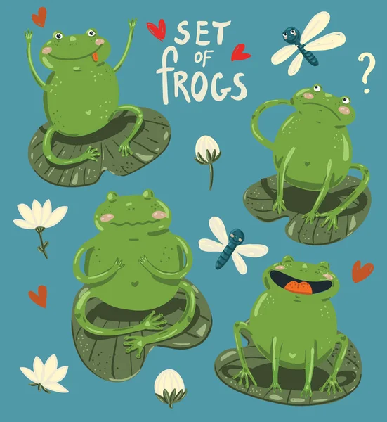 Conjunto de cuatro ranas lindas dibujar a mano en estilo de dibujos animados . — Vector de stock