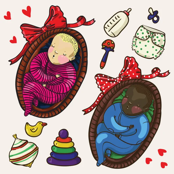 Σύνολο δύο χρώμα χαριτωμένο μωρά κοιμούνται σε buskets με τα παιχνίδια. — Διανυσματικό Αρχείο