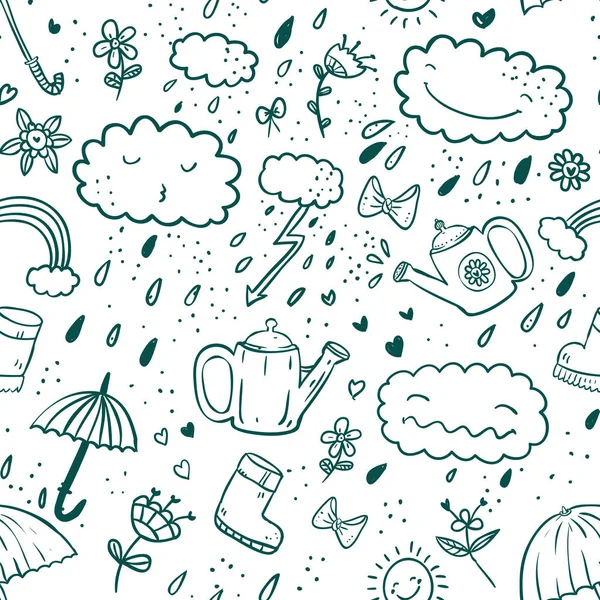 Modèle de dessin animé mignon sans couture avec parapluie, fermeture éclair, nuage, bottes en caoutchouc, goutte, arc, arrosoir, arc-en-ciel, fleur, coeur, soleil Vecteurs De Stock Libres De Droits
