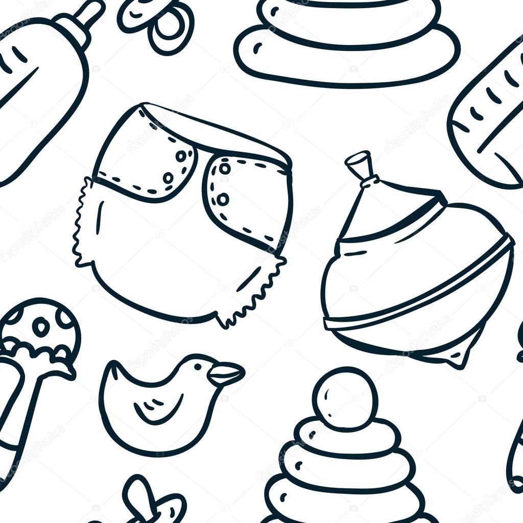 Seamless cute hand-draw contour pattern with toy whirligig, rattle, panties, rubber duck, diaper, nipple, bottle, toy pyramid in cartoon style in contour