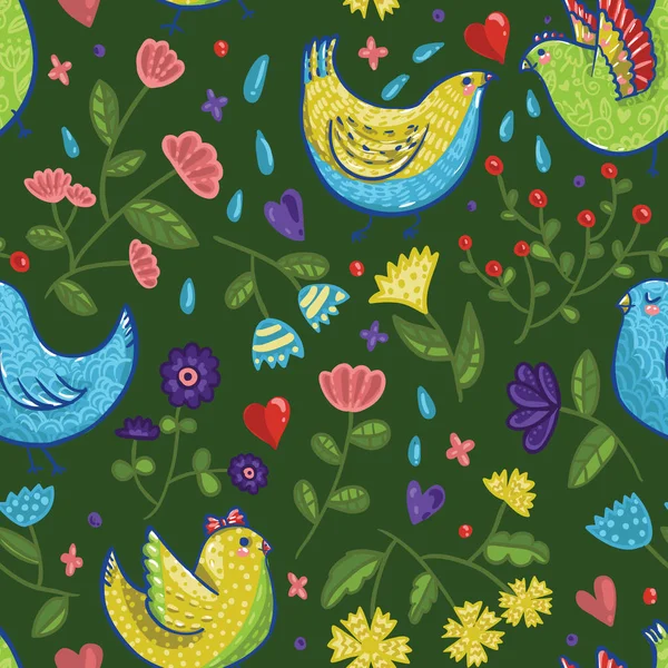 Modèle de printemps vectoriel lumineux sans couture avec des oiseaux — Image vectorielle