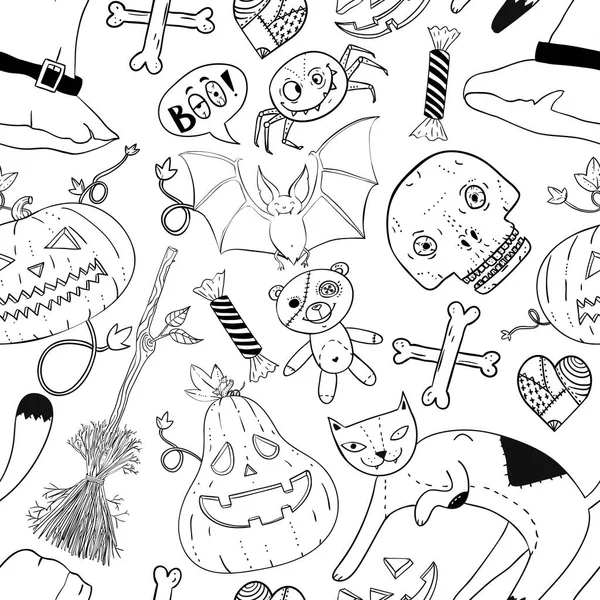 Seamless  halloween pattern with cat, teddy bear, pumpkin, candy, bones, skull, heart, hat and broom in cartoon style drawing contour. — Stock Vector