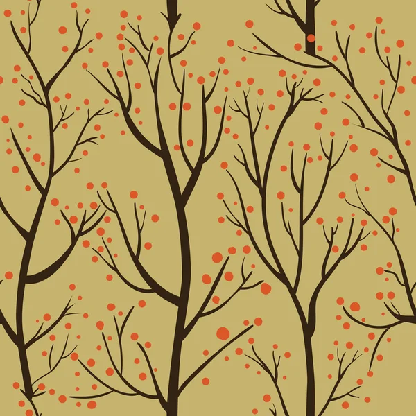 Wzór z drzew brązowy i czerwony jagody na żółtym tle — Wektor stockowy