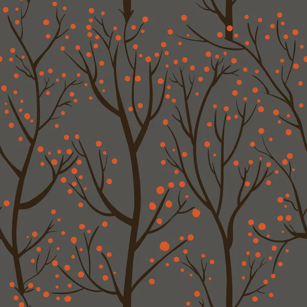 Seamless pattern with brown trees and red berries on gray background. — Stock Vector