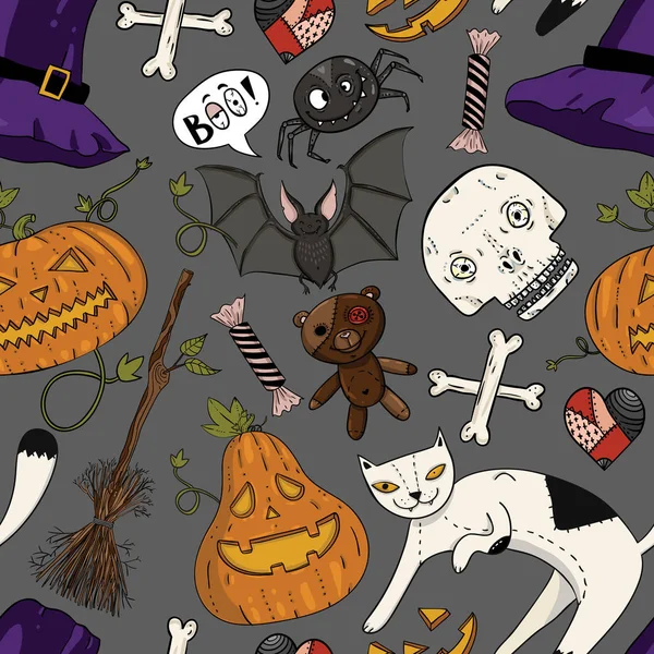 Patrón de Halloween de color sin costuras con gato, oso de peluche, calabaza, dulces, huesos, cráneo, corazón, sombrero y escoba Ilustraciones de stock libres de derechos