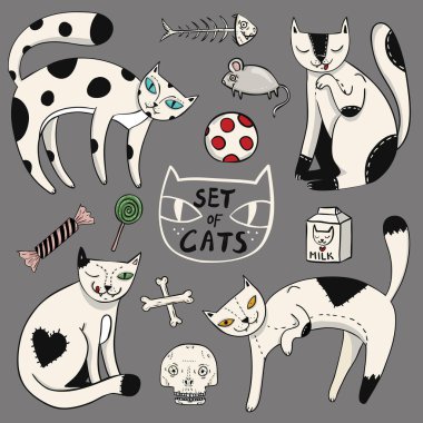 Renk kümesi dört kedi, şeker, süt, fare, balık, top, kemik ve kafatası 