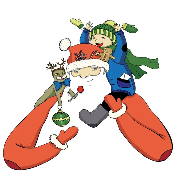 Cor dos desenhos animados Papai Noel com menino feliz —  Vetores de Stock