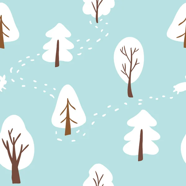 冬の木、ウサギと雪の上の足跡とシームレスな色パターン — ストックベクタ