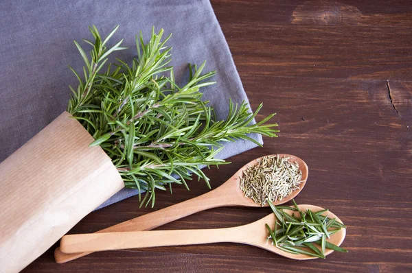 Fresh Dry Rosemary Wooden Background — Stock Photo, Image