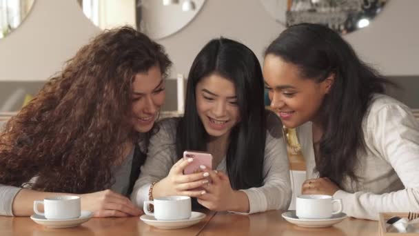 Три дівчини дивляться щось на смартфон у кафе — стокове відео
