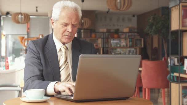 Uomo d'affari anziano che guarda lo schermo di computer portatile — Video Stock