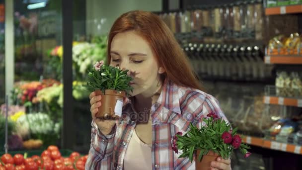 Mujer huele diferentes plantas de la casa en el supermercado — Vídeo de stock