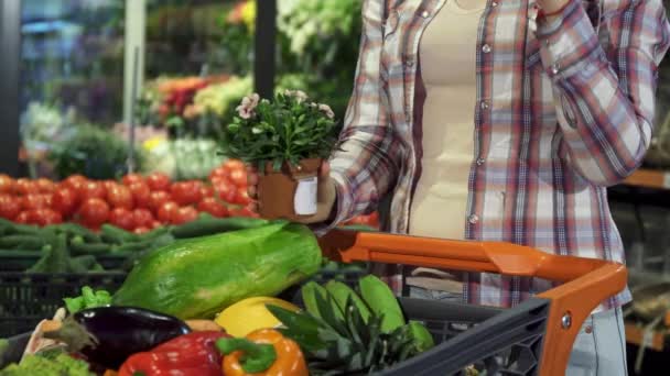 女人会选择在大型超市的室内植物 — 图库视频影像