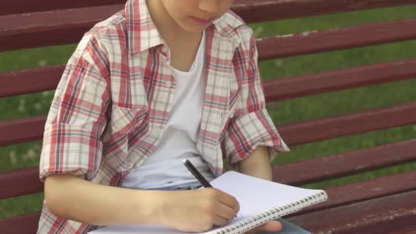 Little boy draws in his notebook on the bench — Stock Video