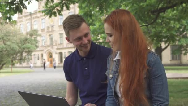 Un par de estudiantes discuten algo en la computadora portátil en el campus — Vídeos de Stock