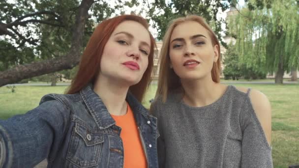İki kız bir selfie açık havada alarak — Stok video
