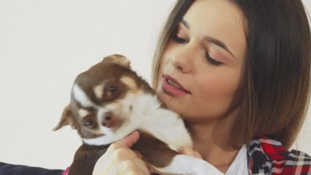 A menina está abraçando seu cão — Vídeo de Stock