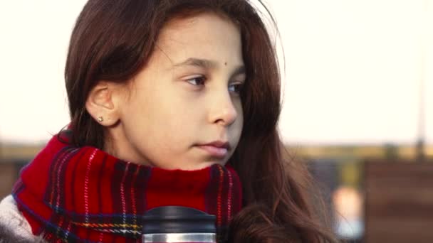 Uma menina atenciosa bebe uma bebida quente de uma caneca quente — Vídeo de Stock