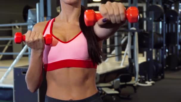 Спортивная девушка делает специальные упражнения для рук с двумя гантелями — стоковое видео