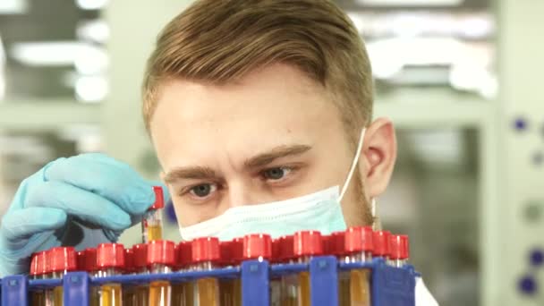 Um técnico de laboratório sério estuda tubos de ensaio com ensaios — Vídeo de Stock