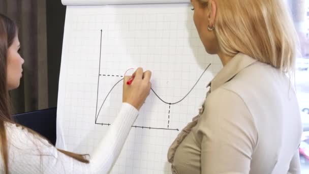 Rearview shot of two business women drawing business graphics on the board — Stock Video