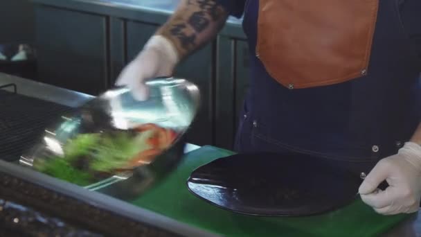 Foto recortada de un chef poniendo ensalada en un plato — Vídeos de Stock