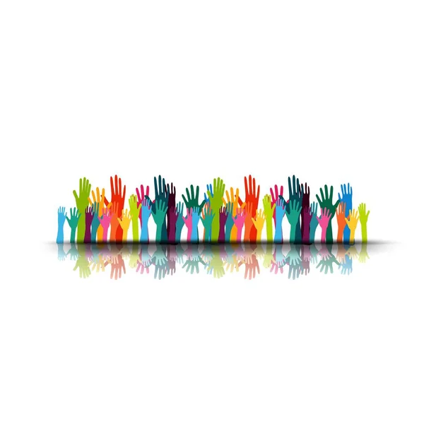Vektor Illustration einer Gruppe Menschen Hände nach oben, Freiwillige oder Wahlkonzept Hintergrund, menschliche Hand — Stockvektor