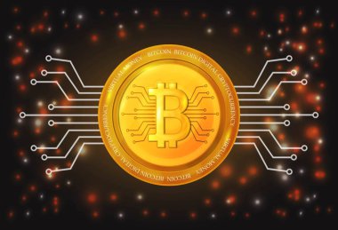Bitcoin işareti. Cryptocurrency, koyu arka plan üzerinde fütüristik dijital para.