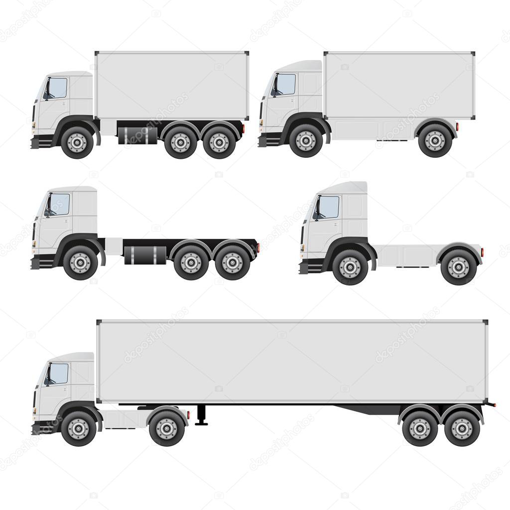 Set of big trucks isolated on white