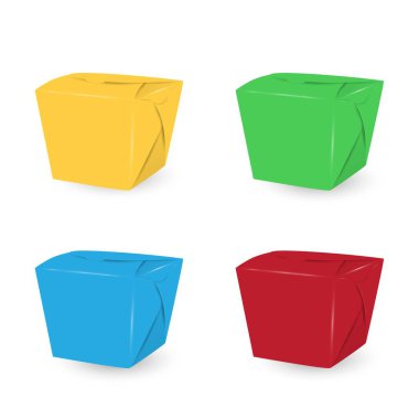 Beyaz arka plan üzerinde izole Çin yemeği için eve servis kutuları kümesi