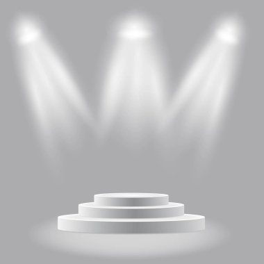 Yuvarlak podyum, Kaide veya spot beyaz arka plan üzerinde tarafından aydınlatılmış platformu. Doğal ışık ile sahne. Vektör çizim.