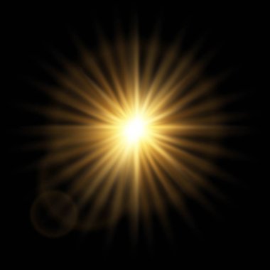 Altın soyut patlama bokeh ışık ışınları ve parıldıyor. Siyah bir arka plan üzerinde izole. Metin için boş yer. Detaylı vektör çizim.