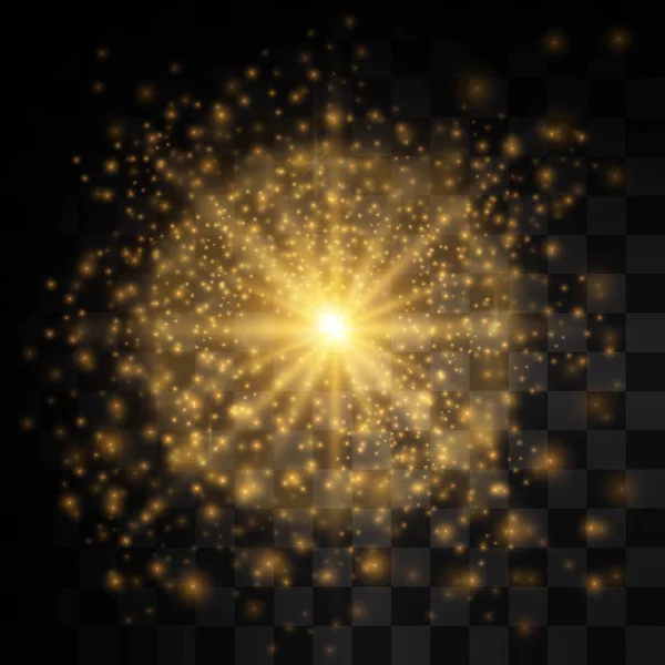 Ελαφρύ Αποτέλεσμα Λάμψη Αστέρι Έκρηξη Σπίθες Χρυσό Λαμπερό Φώτα — Διανυσματικό Αρχείο