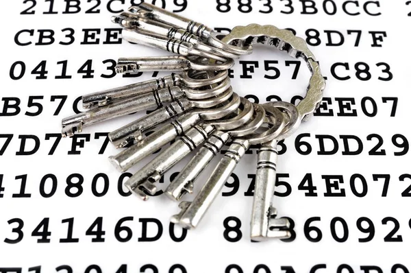 Ключі на аркуші з зашифрованими даними — стокове фото
