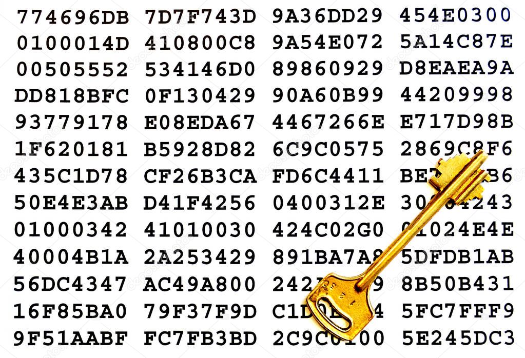 Golden key and a sheet with encrypted data