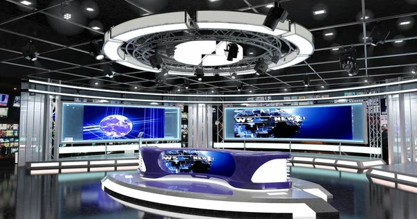 Virtuální televize Studio News Set. 3D vykreslování. — Stock fotografie