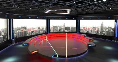 Virtual Tv Studio Chat Set. 3d Rendering. Virtual set studio for chroma footage. wherever you want it, With a simple setup, a few square feet of space, and Virtual Set , you can transform any location into a spectacular virtual set.  clipart