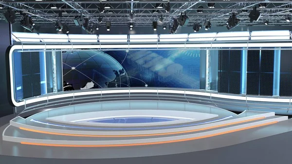 Virtual TV Studio News Set 35. 3d Rendering. Virtual set studio for chroma footage. wherever you want it, With a simple setup, a few square feet of space, and Virtual Set, you can transform any location into a spectacular virtual set.