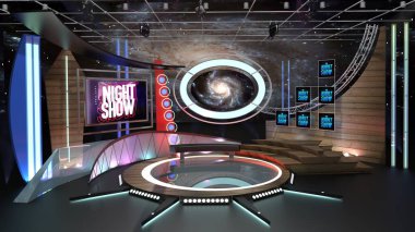 Sanal TV Stüdyo Talk Show 1. 3d Rendering.Bu arkaplan 3ds Max-Vray yazılımı ile yüksek çözünürlüklü oluşturuldu. Sanal stüdyonuzda kullanabilirsiniz..