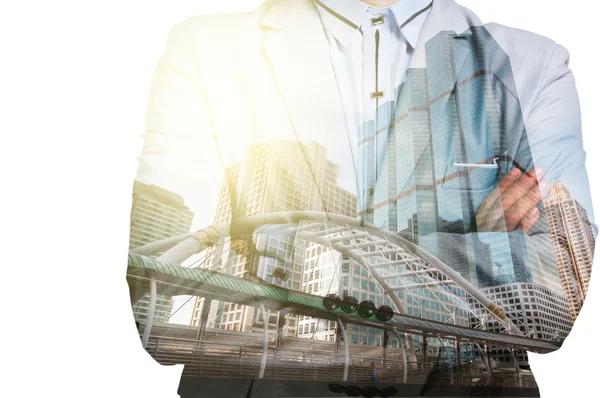 Double Exposure of Businessman and Business building City at Sun — Stock Photo, Image