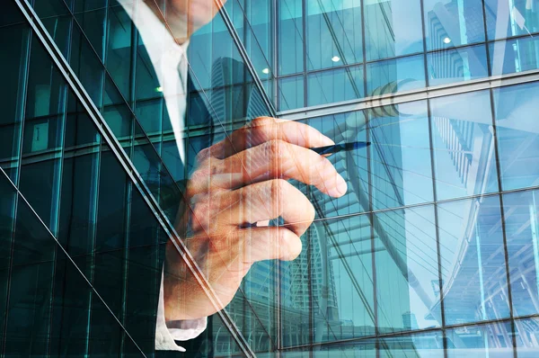 Double exposure of young businessman and town bridge drafting co — Stock Photo, Image