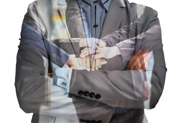 Double Exposure of Businessman with Support Team join Hand or Un — Stock Photo, Image