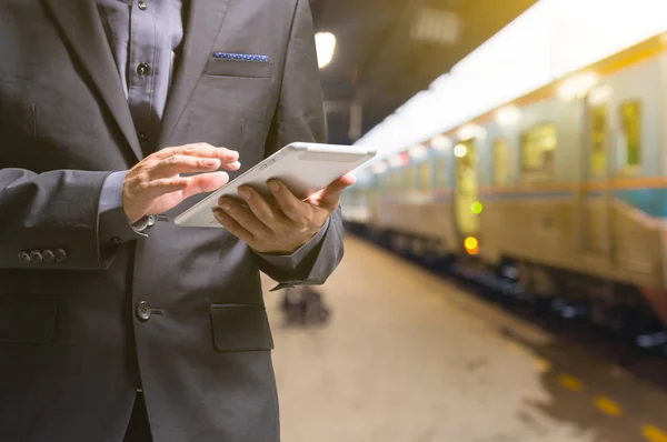 Businessman using Wireless Digital Tablet PC computer at Train, — Stock Photo, Image