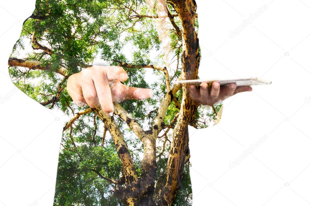 Double Exposure of Businessman with Green Tree Branch Trunk