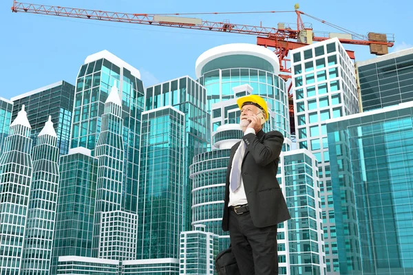 Caucasian Businessman use Digital Mobile phone at Construction S — Stock Photo, Image