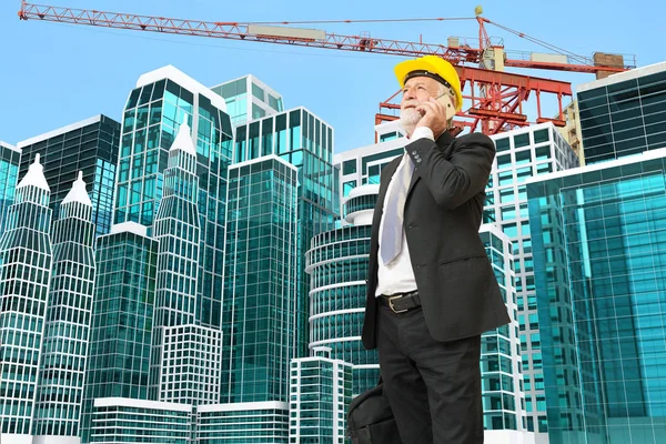 Caucasian Businessman use Digital Mobile phone at Construction S — Stock Photo, Image